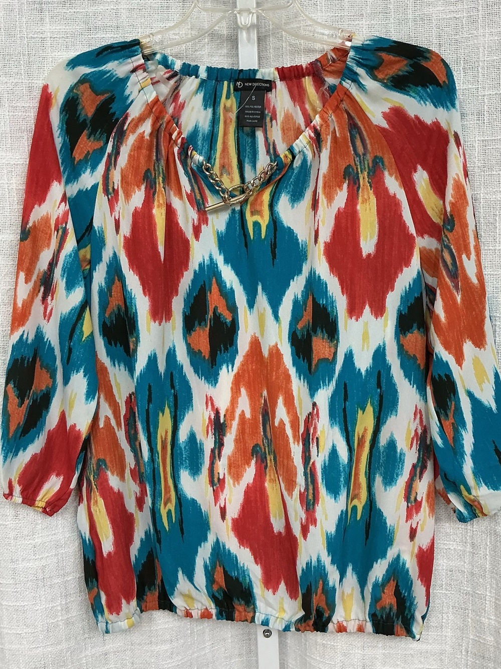 new directions Teal Red Orange Ikat Chain-Trim Peasant Blouse